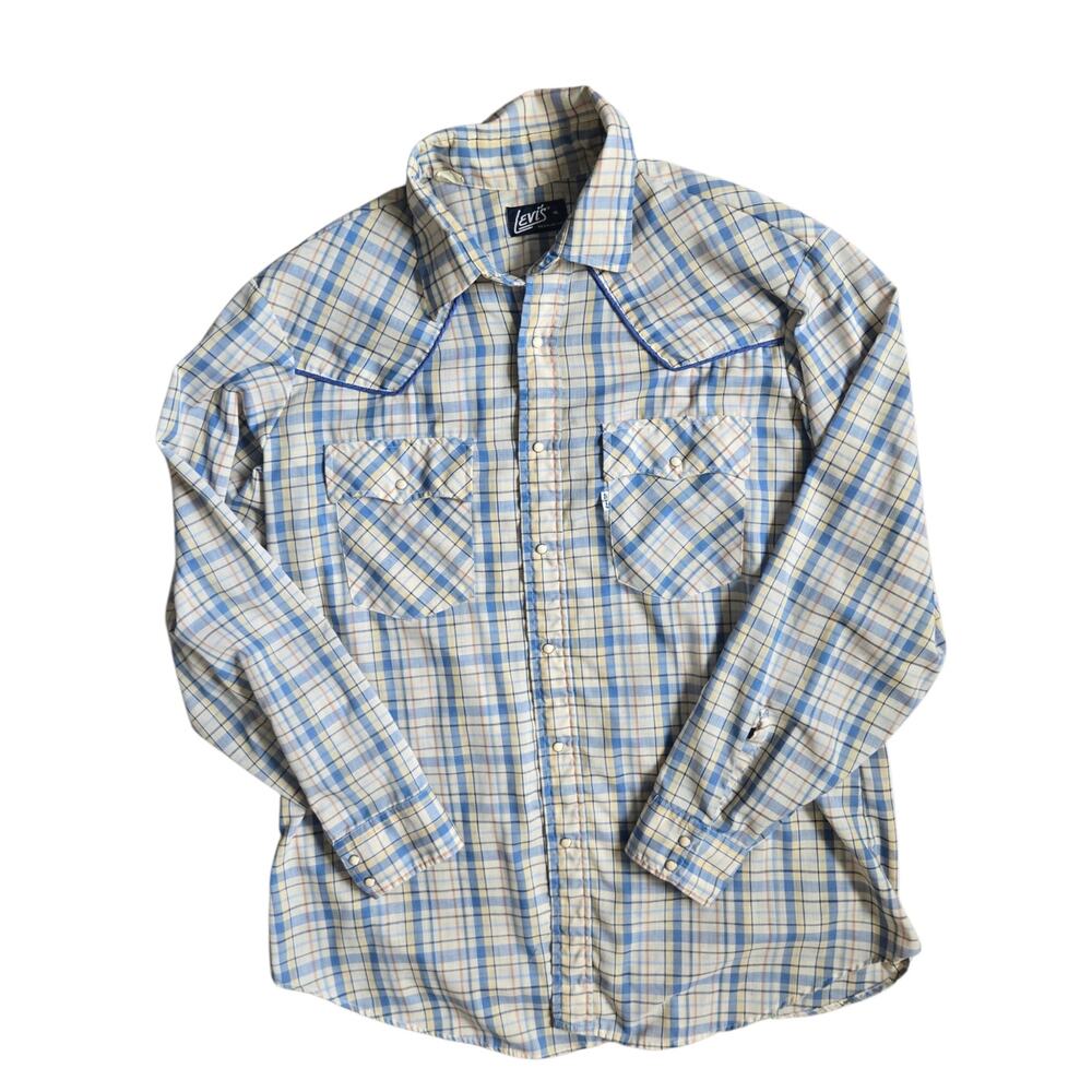 Vintage 80s Levi's Men Western Pearl Snap Rodeo Shirt Plaid V Panels Indie XL